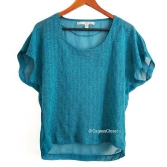 Lauren Conrad Blouse XS Aqua Lace Sheer Dolman - Picture 3 of 9